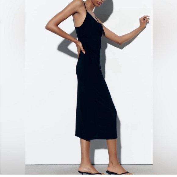 ZARA stretchy Black Slip Dress draped neckline ruched side - Picture 3 of 5